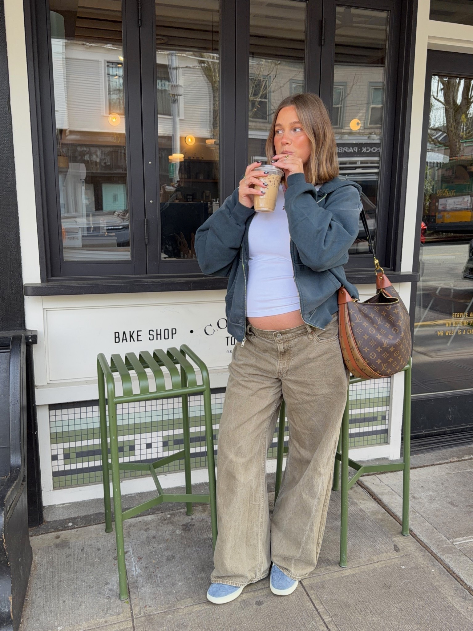 Abercrombie low rise loose jeans size 31 if you’re not pregnant size down they run really loose and big. I went up one for bump. Size L in good American tee it’s similar to the Abercrombie tee but a little thicker and more compression it’s really good. Linking both! Jacket size L

#bresheppard #daydreamer #lowrise #abercrombiejeans #shorthair 
#ltkmomlife #ltkbump