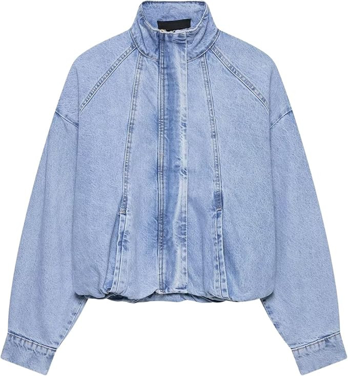 Chevara Women’s Cropped Denim Bomber Jacket Casual Light Wash Stand Collar Long Sleeve Zip Up O... | Amazon (US)