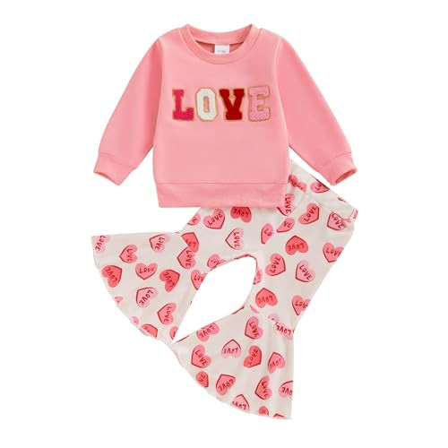 Engofs Toddler Baby Girl Valentines Day Outfit Long Sleeve Letter Print Sweatshirt Flared Pants Set (V2 Pink Love, 3-4T) | Amazon (US)