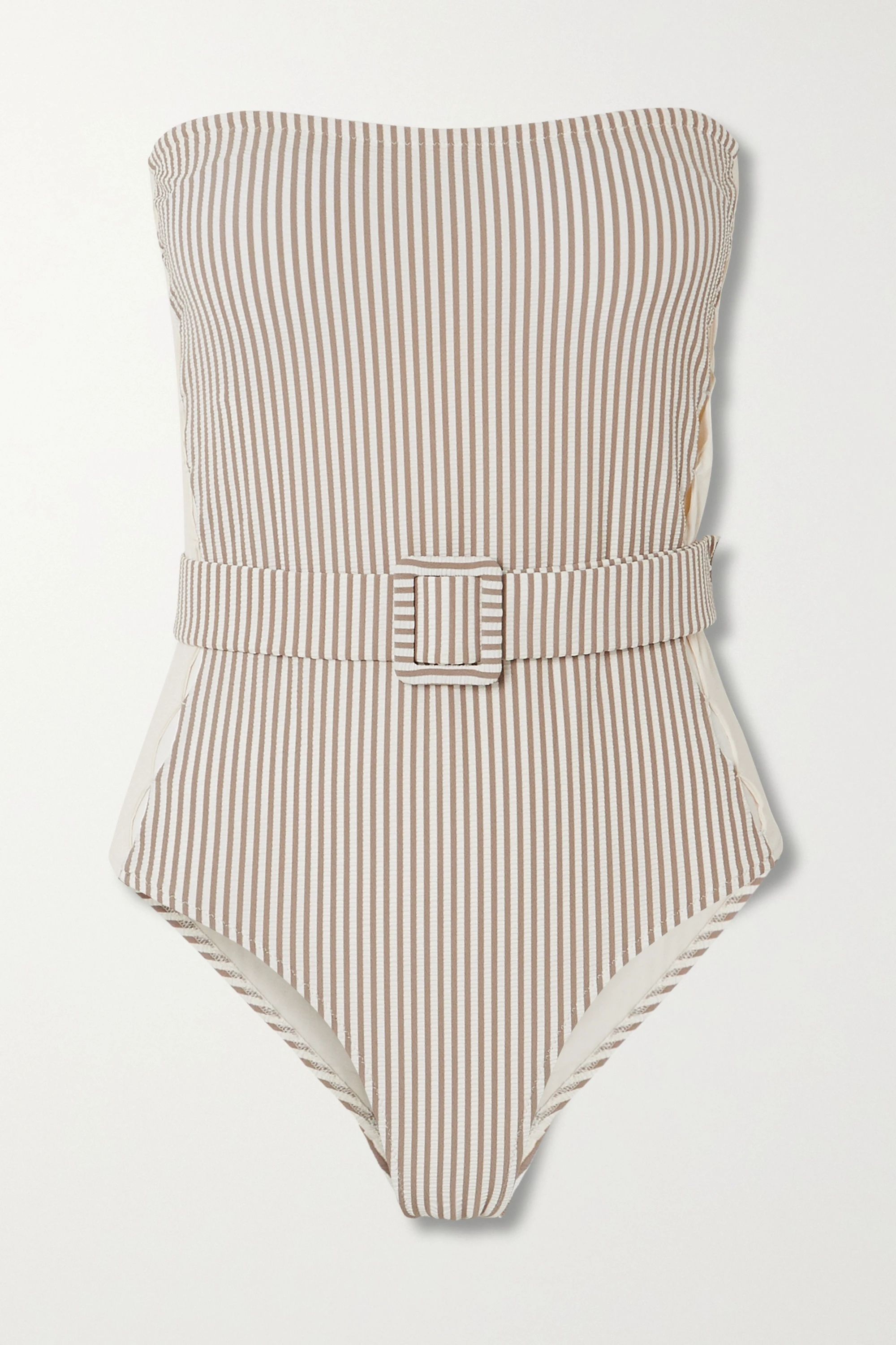 Cream Uri belted cutout striped seersucker bandeau swimsuit | Evarae | NET-A-PORTER | NET-A-PORTER (UK & EU)