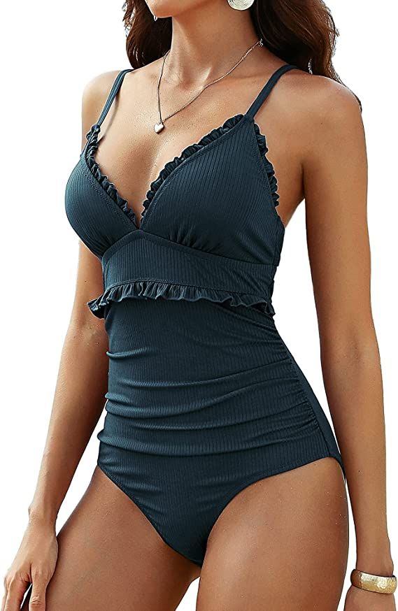Charmo Womens V Neck Frill Detail One Piece Swimsuit Ruched Tummy Control Bathing Suit | Amazon (US)