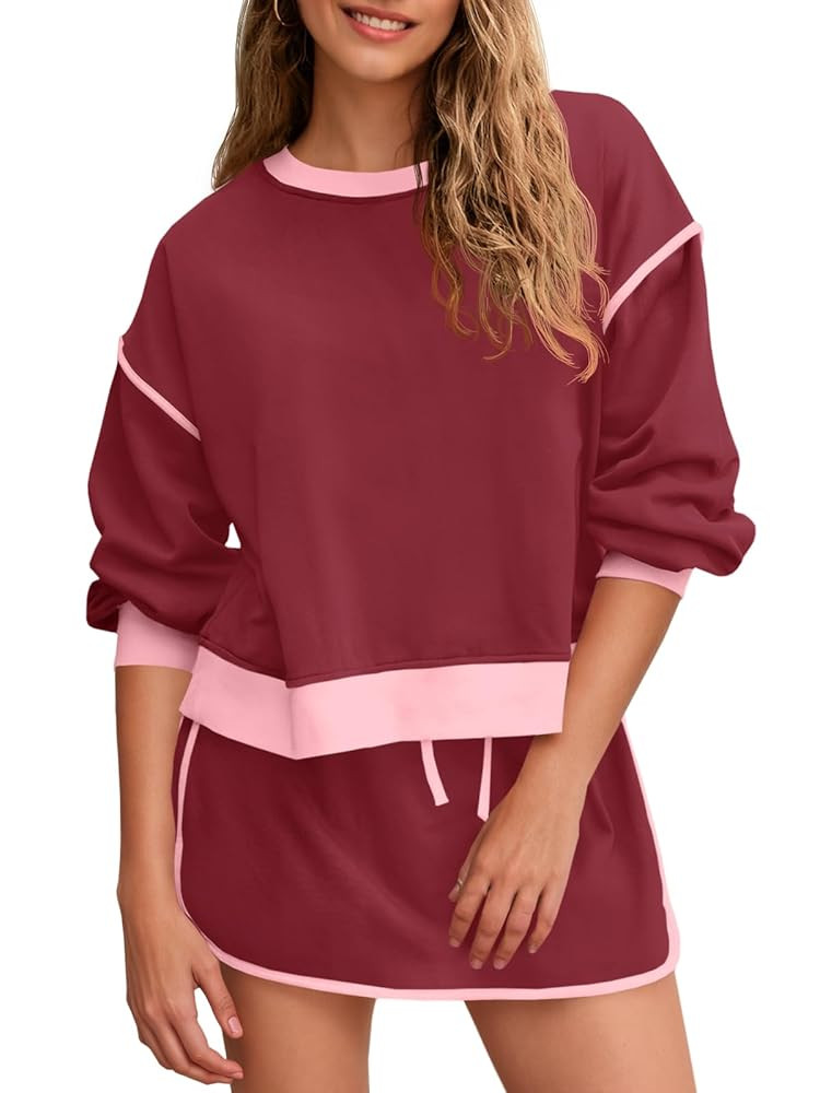 Fisoew Womens Sweatsuits 2 Piece Set Crewneck Sweatshirts High Waisted Skort Skirts Tennis Runnin... | Amazon (US)