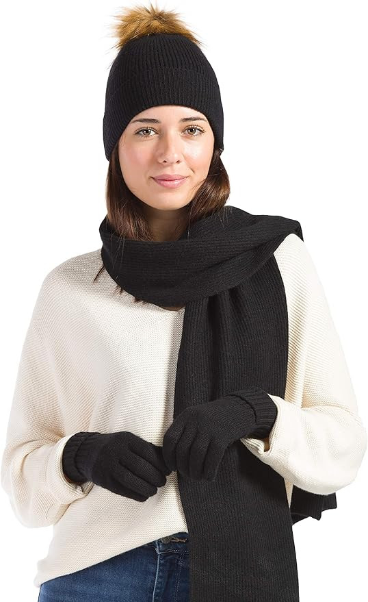 Fishers Finery Women's 3 Piece 100% Cashmere Pom Beanie Hat Glove & Scarf Set, with Gift Box | Amazon (US)
