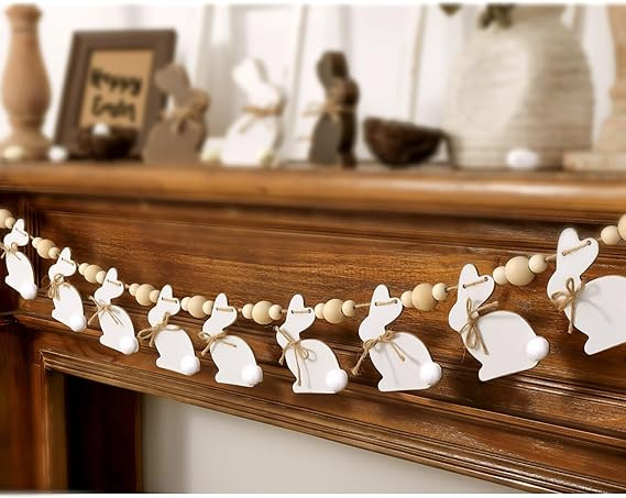 Easter Decorations Garlands, Cute Bunny Easter Garland with Wooden Beads, Rustic Banner for Mante... | Amazon (US)