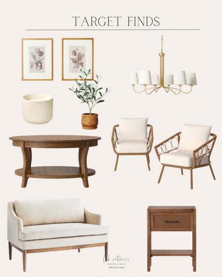 Target Finds 
Wall art / chandelier/ patio chairs / coffee table / candle / faux olive leaf plant / upholstered loveseat

#LTKhome