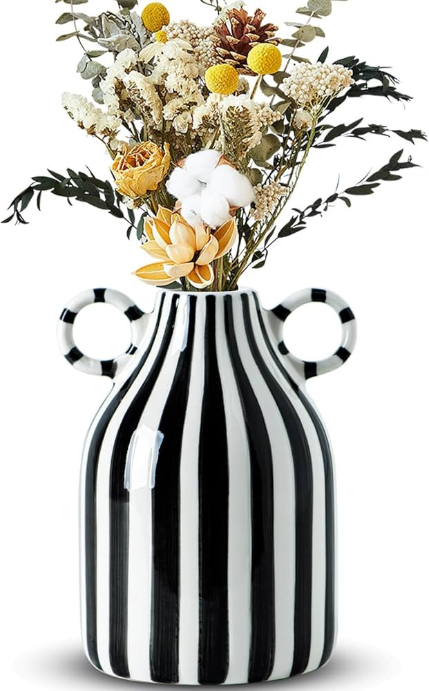 Black and White Ceramic Vase, Mid Century Modern Striped Small Vases for Flower&pampas Grass Cent... | Amazon (US)