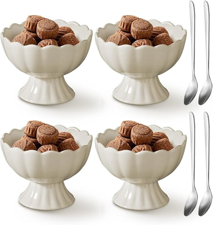 Ceramic Bowl Set of 4 Footed Dessert Bowls with Spoon, Elegant Trifle Bowl with Pedestal for Cand... | Amazon (US)