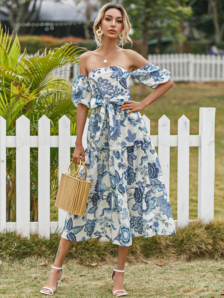 Floral Bardot Shirred Back Belted Ruffle Hem Dress | SHEIN