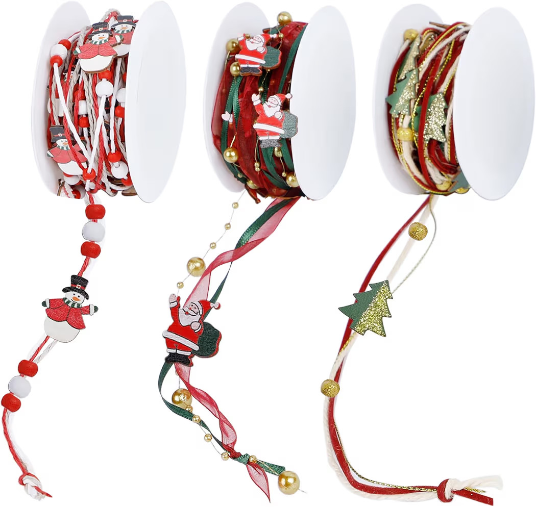 winemana 3 Pack 16.4 Ft Christmas Beads Ribbon, Christmas Tree Trim Rope with Santa Claus Snowman... | Amazon (US)