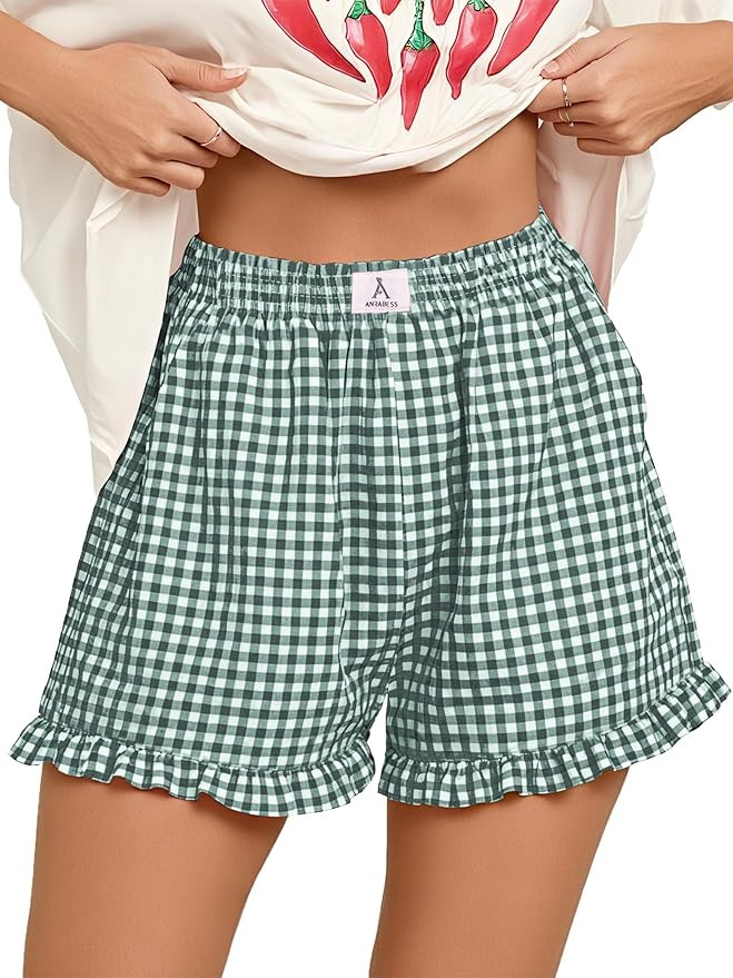 ANRABESS Womens Ruffle Boxer Shorts Pajama Gingham Shorts Summer Casual Lounge Sleep Plaid Beach ... | Amazon (US)