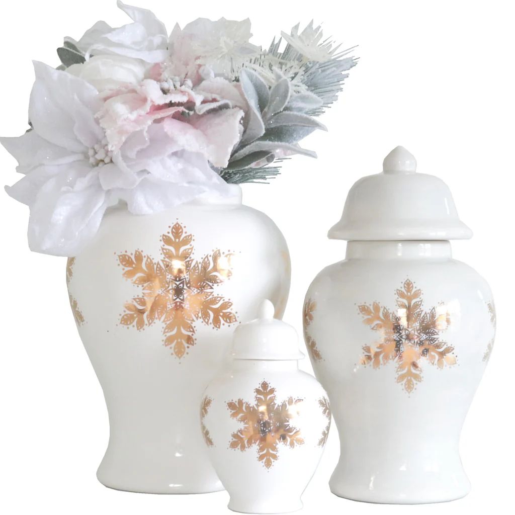 White Snowflake Ginger Jar with 22K Gold Accents | Lo Home by Lauren Haskell Designs