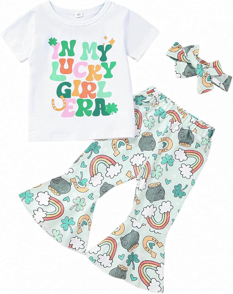 Noubeau Toddler Baby Girls St.Patrick's Day Outfit Kid Clover Short Sleeve Shirt Tops Shamrock Fl... | Amazon (US)