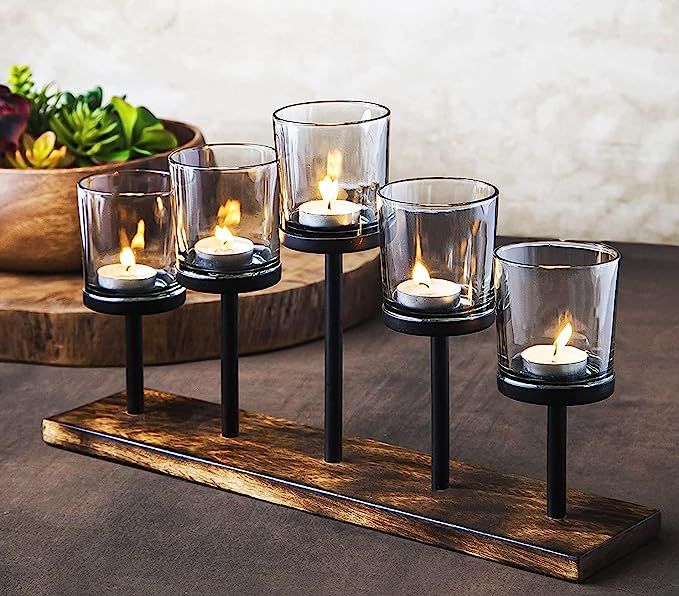 Elegant Decorative Votive Candle Holder Centerpiece, 5 Glass Votive Cups on Wood Base/Tray for We... | Amazon (US)