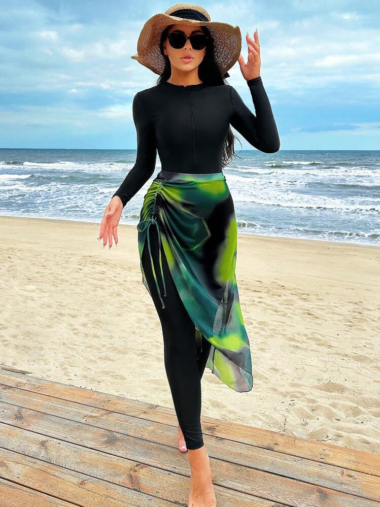 Swim Shayni Summer Beach Tie-Dye Conservative Stand Collar One-Piece Swimsuit Arabic Clothing | SHEIN