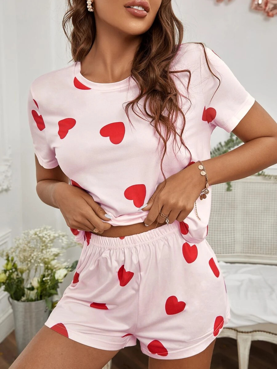 Heart Print Tee & Shorts Pajama Set | SHEIN