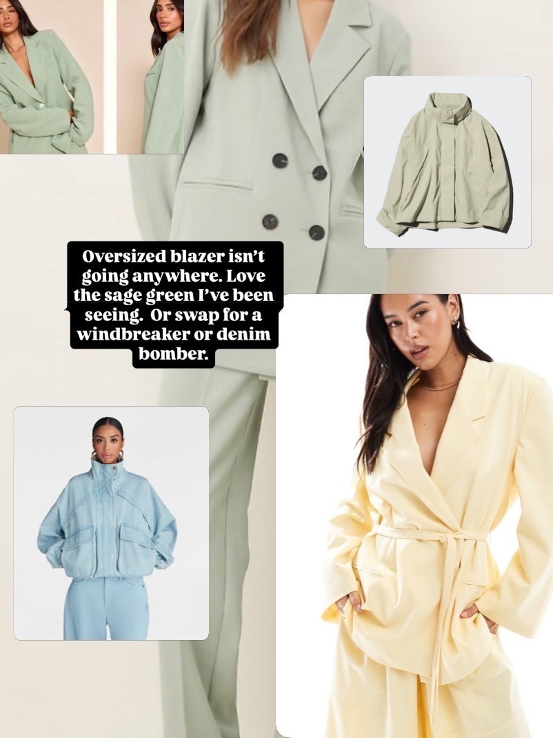 Spring jacket and blazer 
Mint sage green blazer suit 
Yellow wrap blazer top 
Denim bomber jacket 
Cream wind breaker 

#LTKFestival #LTKWorkwear #LTKSeasonal