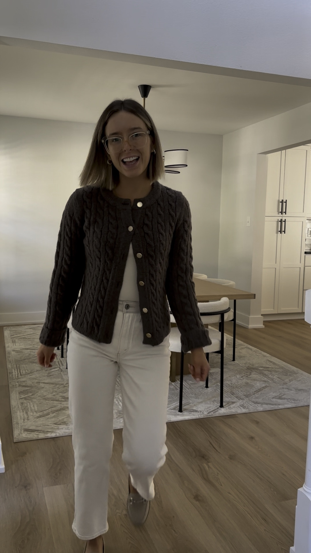 Abercrombie novelty cable crew button down cardigan xs tts 

Abercrombie seamless squareneck bodysuit in cream xs tts 

Abercrombie high rise mixed fabric straight jean in cream size 26s tts - I size up one in white denim 

Dolce Vita tailored hardware chain lug sole loafers tts but if in between size down 

#LTKFindsUnder100 #LTKVideo #LTKStyleTip