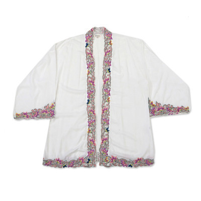 Embroidered Cotton Kimono Jacket from Bali | NOVICA