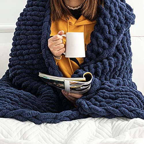 Chunky Knit Blanket Throw - 50"x60" 3.7 lbs. - Soft Chenille Yarn Knitted Blanket - Machine Washa... | Amazon (US)