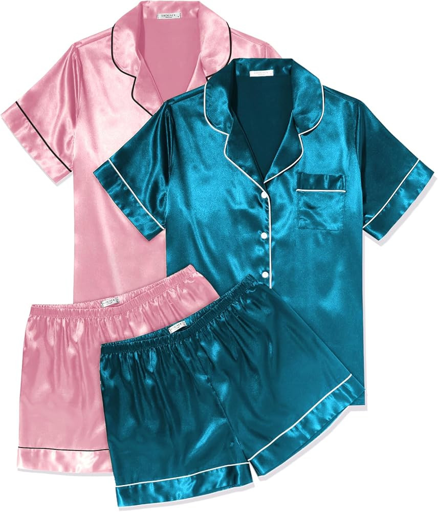 Ekouaer 2 Pack Womens Pajama Sets Silk Satin Short Sleeve Button Down Sleepwear Top and Shorts Pj... | Amazon (US)