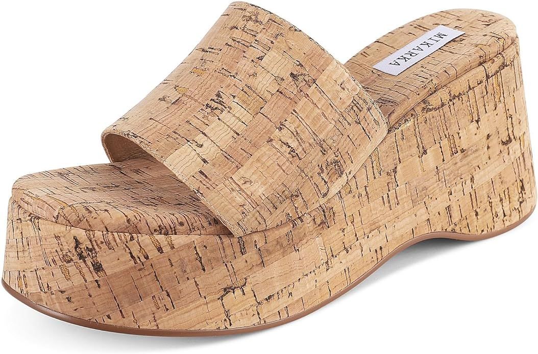 mikarka Slip-On Cork Platform Sandals for Women Dressy Summer, Comfort Basic Strap Open Toe High ... | Amazon (US)