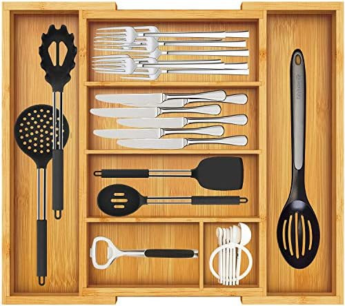 Bamboo Expandable Drawer Organizer, Adjustable Silverware Organizer with Removable Dividers, Cutl... | Amazon (US)