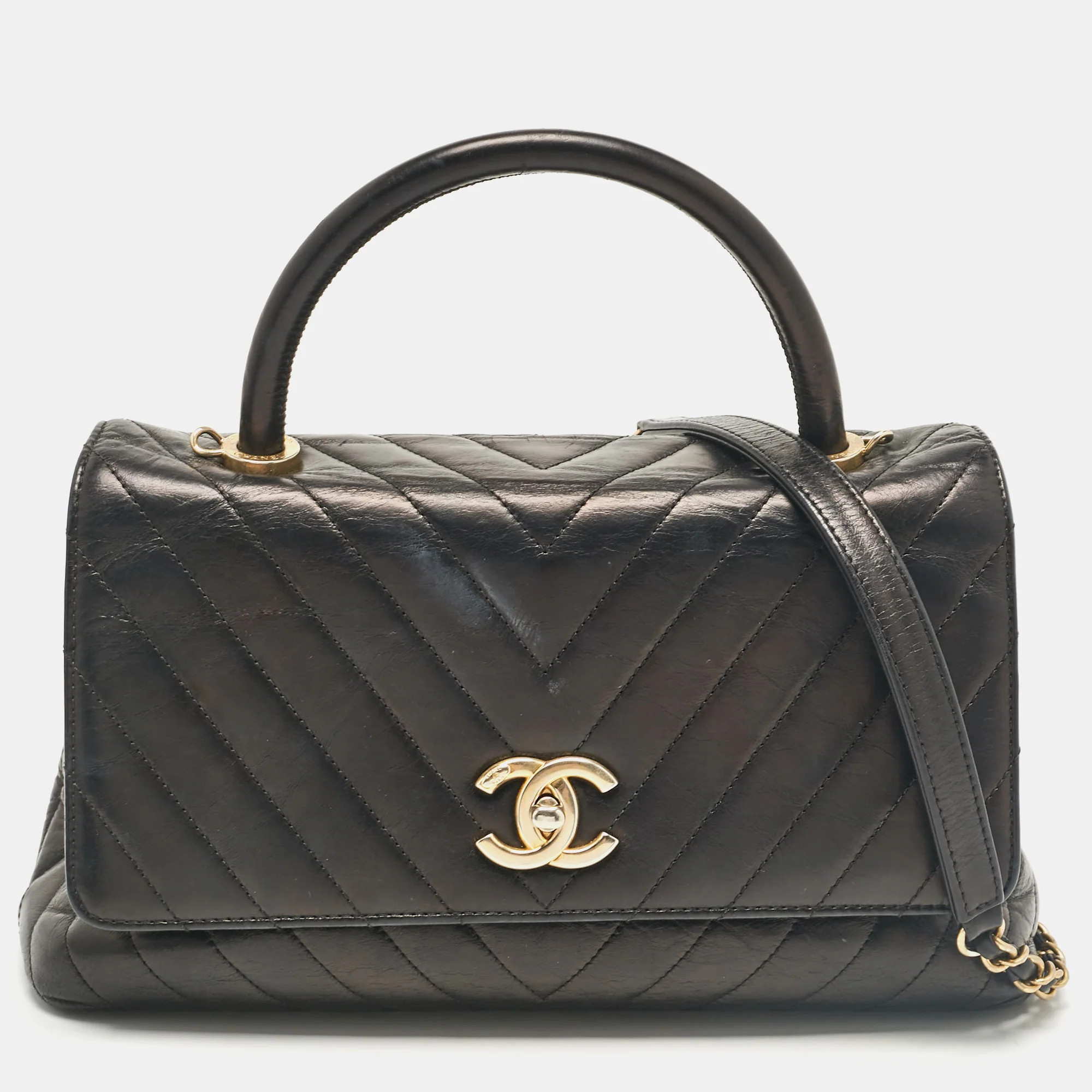 Chanel Black Chevron Leather Leather Small Coco Top Handle Bag | Shop Simon