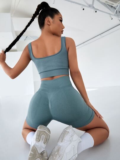 Seamless Solid Ribbed Knit Sports Set | SHEIN