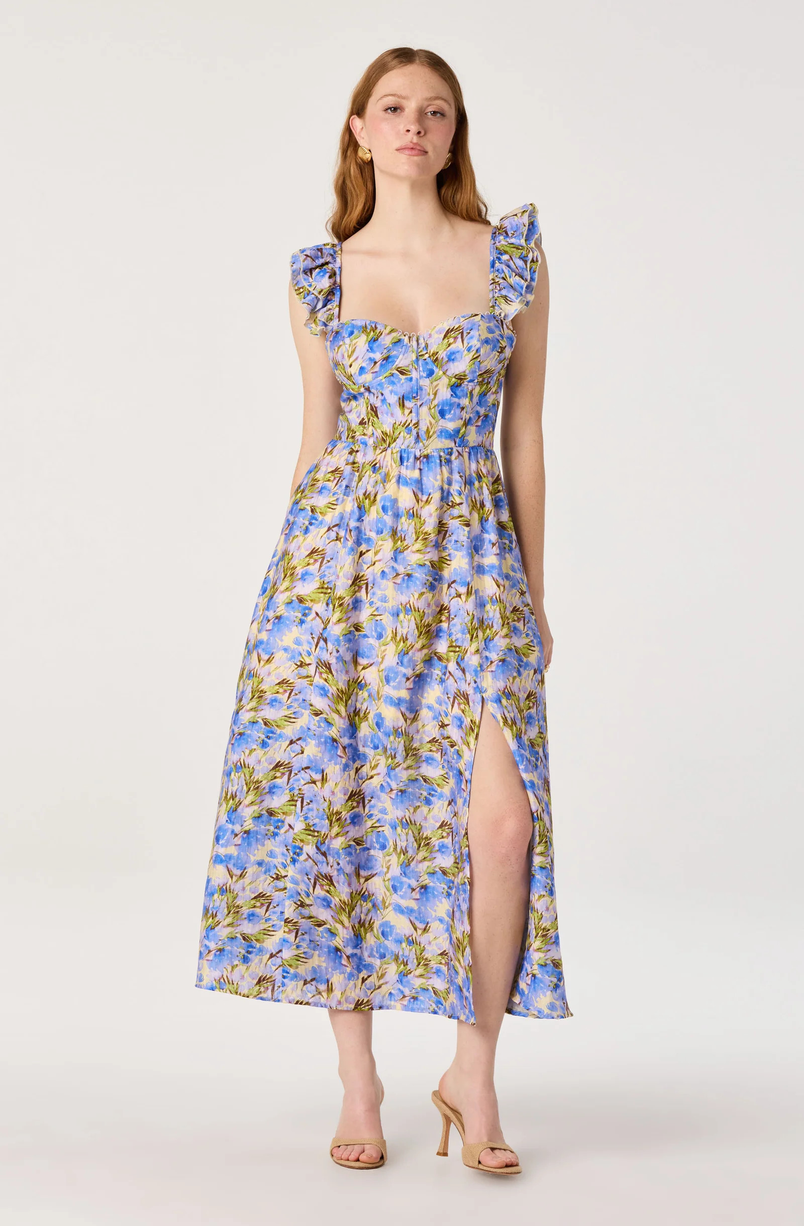 Wedelia Print Midi Dress - Yellow blue floral / XS | ASTR The Label (US)