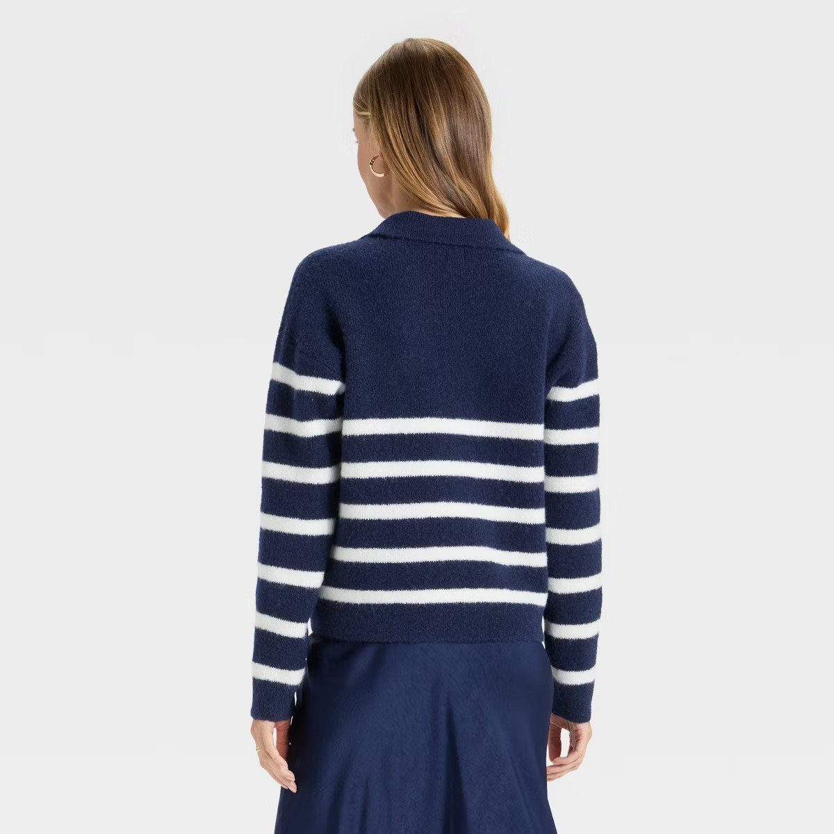 Women's Cozy Knit Polo Sweater - A New Day™ Navy Striped S | Target