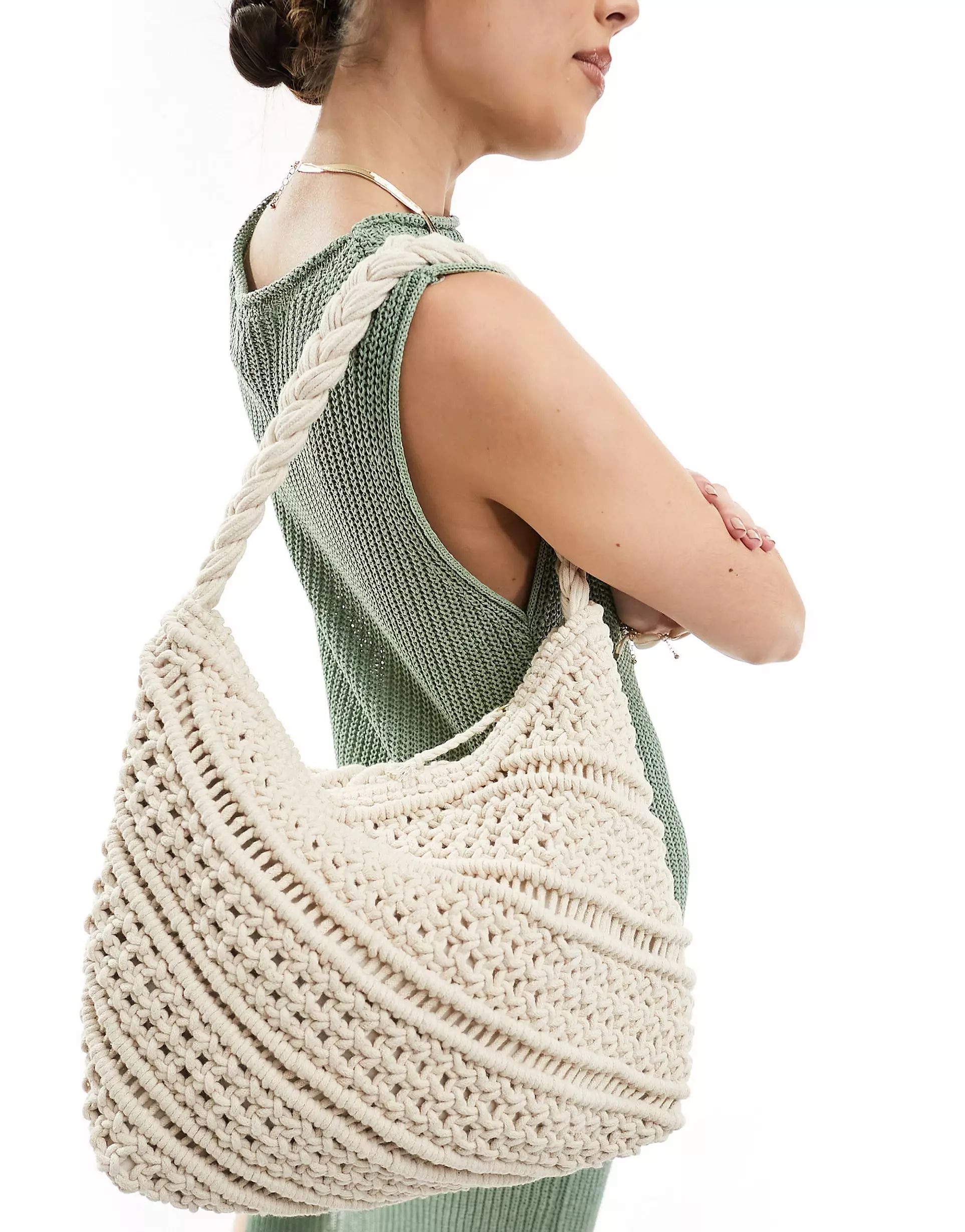 Accessorize knitted oversized shoulder bag in ecru | ASOS (Global)