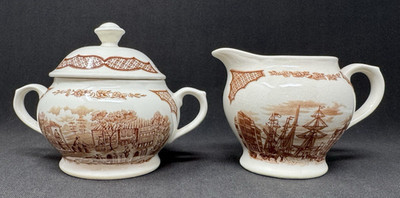 Alfred Meakin FAIR WINDS Brown Transferware Creamer Sugar Bowl Historical Scene | eBay US