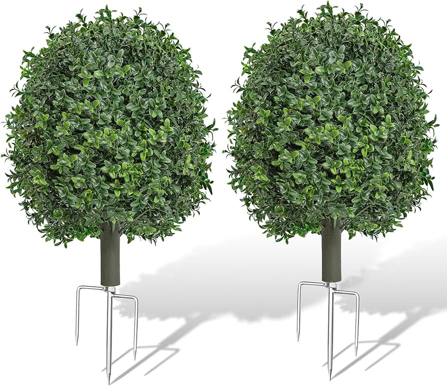 Artificial Boxwood Topiary Trees Outdoor Set of 2, UV Resistant Faux Outdoor Plants with Metal Gr... | Amazon (US)