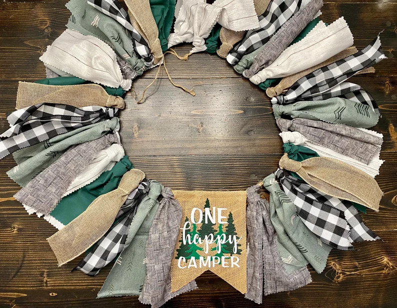 One happy camper first birthday highchair banner, black and white Buffalo plaid, camping theme, o... | Etsy (US)