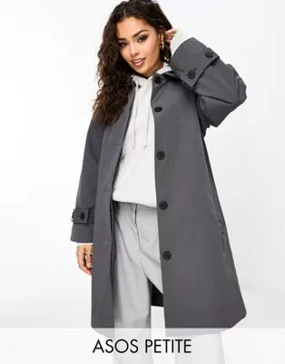 ASOS DESIGN Petite short belted top collar trench coat in grey | ASOS (Global)