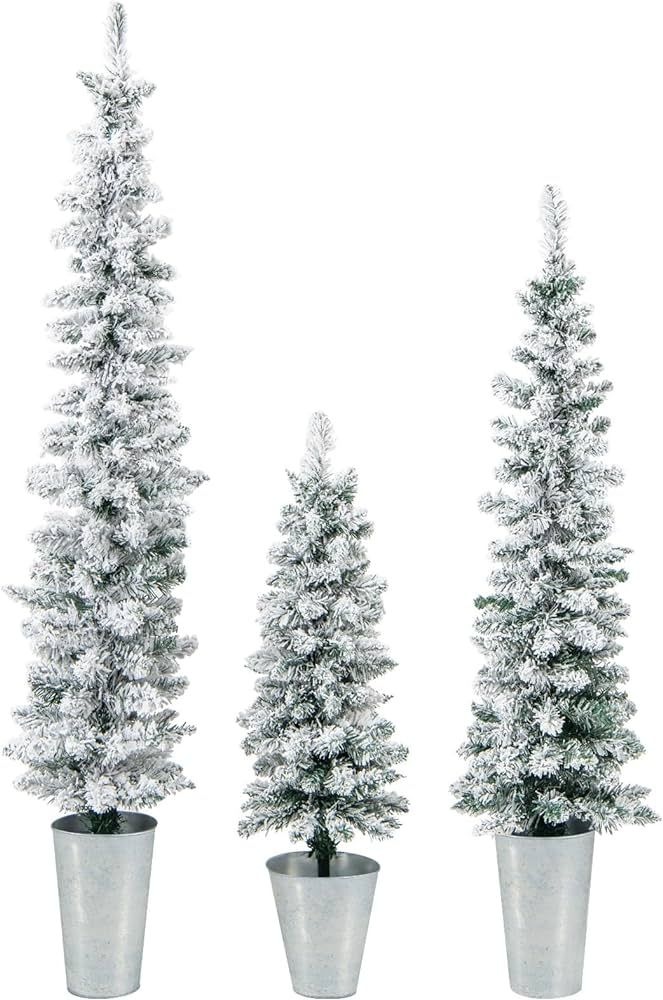 GOFLAME Set of 3 Potted Christmas Tree Snow Flocked, 3’ 4’ 5’ Slim Pencil Trees with 120, 1... | Amazon (US)