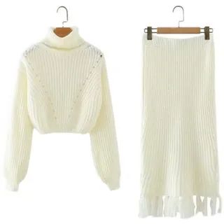 Turtleneck Sweater / Fringed Hem Knit Skirt / Set | YesStyle Global