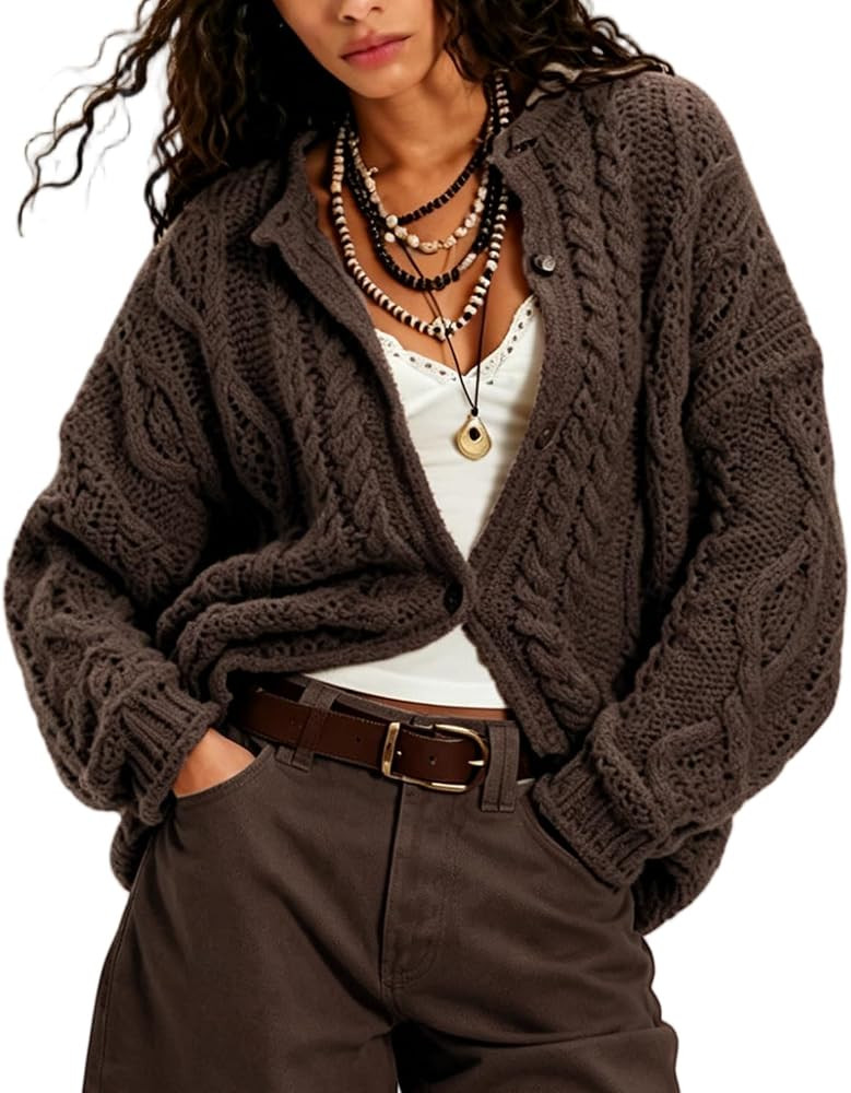 Womens Cable Knit Cardigan Oversized Button Down Casual Sweater | Amazon (US)