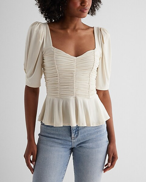 Puff Sleeve Ruched Peplum Top | Express