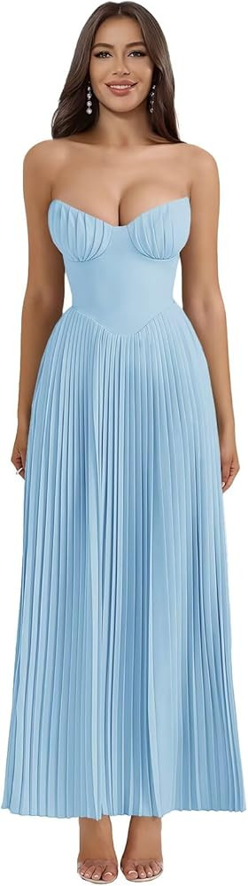 Strapless Bridesmaid Dresses for Women Long A-Line Pleated Satin Prom Formal Wedding Guest Dress | Amazon (US)