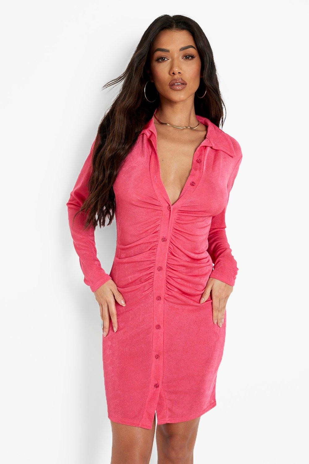 Textured Slinky Gathered Shirt Dress | Boohoo.com (UK & IE)