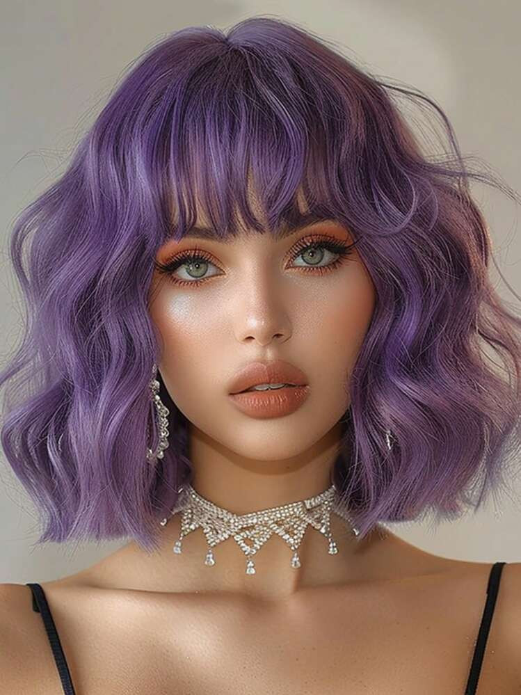 Purple Short Curly Bob Wigs With Bangs For Women 12 Inch Synthetic Curly Bob Wig For Girl Natural Looking Summer Daily Party Cosplay Use | SHEIN