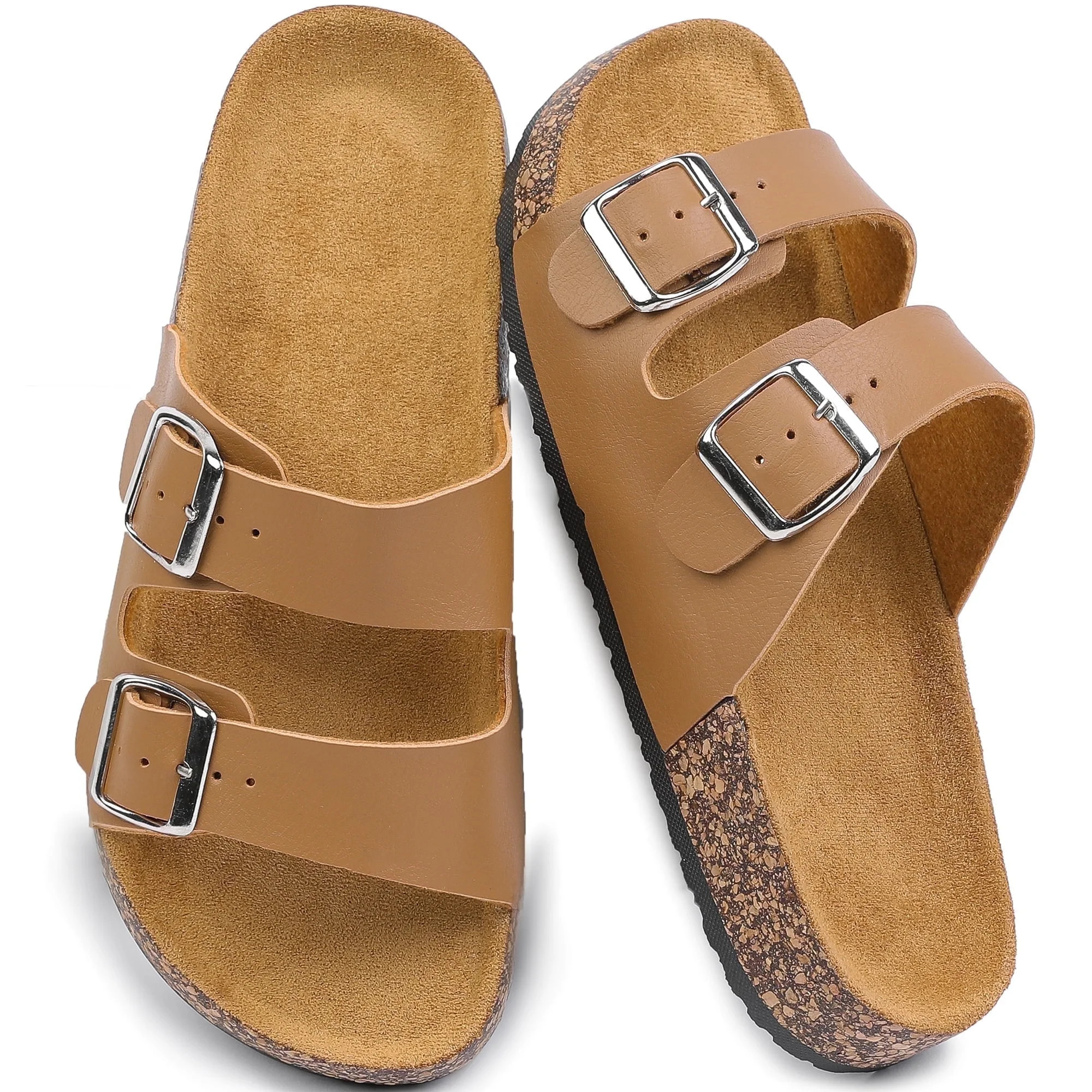 Northblanc Women's Comfort Flat Sandals Summer Cork Footbed Slides with Double Adjustable Buckle | Walmart (US)