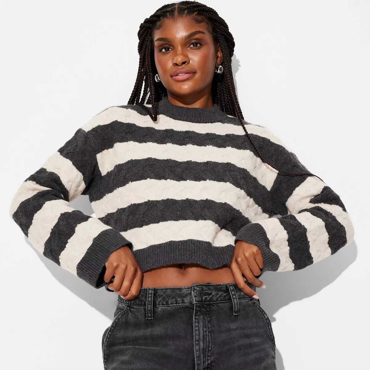 Women's Crewneck Cable Pullover Sweater - Wild Fable™ Oatmeal/Charcoal Striped S | Target