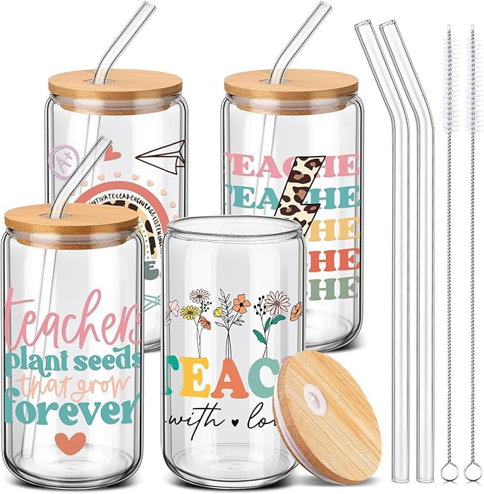 SiliFine 4 Pcs Teacher Appreciation Gifts 16 oz Teacher Glass Cups with Lid and Straw Thank You C... | Amazon (US)