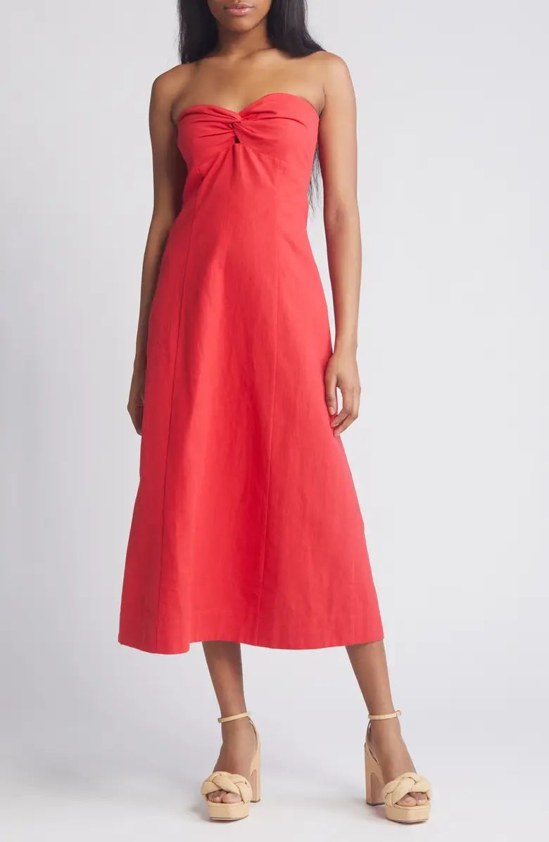 Elia Strapless Linen & Cotton Midi Dress | Nordstrom