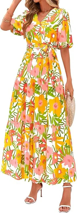 PRETTYGARDEN Women's Summer Maxi Dress Resort Wear Boho Floral V Neck Puff Short Sleeve Ruffle Fl... | Walmart (US)