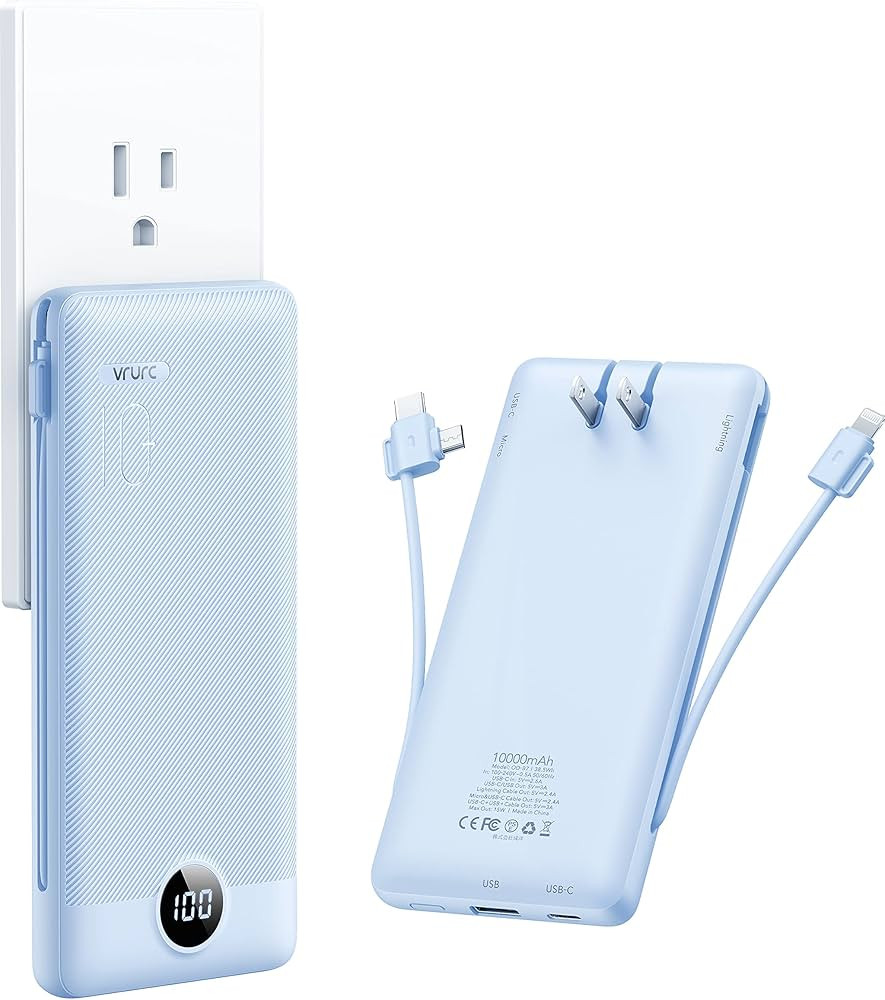 VRURC Portable Charger with Wall Plug, 10000mAh Power Bank, Mobile Power Built-in Cables, 5 Outpu... | Amazon (US)