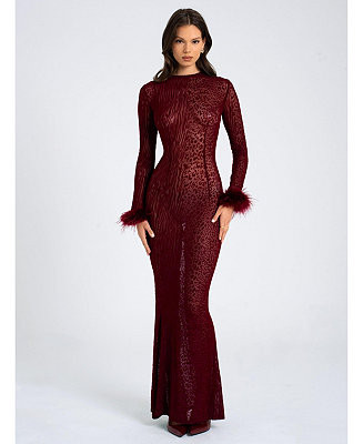 Miss Circle Women's Patricia Burgundy Leopard Burnout Velvet Mesh Backless Maxi Dress - Macy's | Macy's