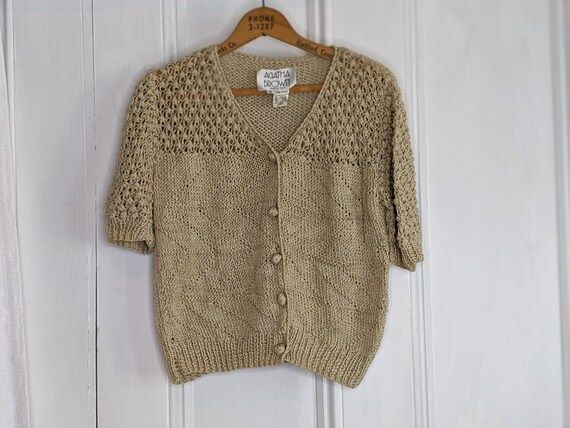 Crochet Cardigan Sweater Cropped with Short Sleeves in a Neutral Tan, 100% Cotton, Made in Italy,... | Etsy (US)